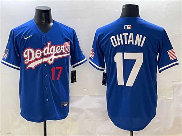 Men%27s Los Angeles Dodgers #17 Shohei Ohtani Royal With American Flag Patch Limited Stitched Jersey->los angeles dodgers->MLB Jersey
